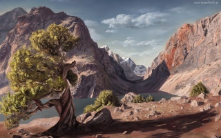 Mountain tree lake cliff cloud - a painting of a mountain scene free wallpaper