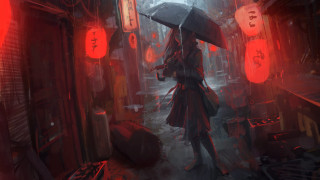 Woman umbrella rain city night - bastien l. deharme free wallpaper