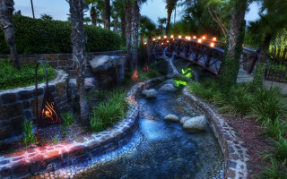 Bridge lights stream park night - volumetric free wallpaper