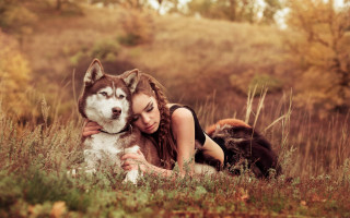 Woman husky autumn nature photorealistic - beautiful composition free wallpaper