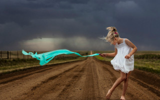 Girl white dress running blue - a blue scarf free wallpaper