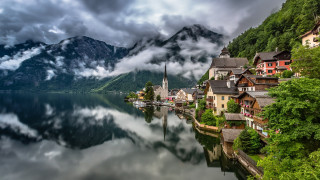 Lake mountains houses cloudy sky 2 - under a cloudy sky free wallpaper