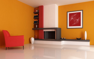 Living room red chair fireplace - free 3d render wallpaper