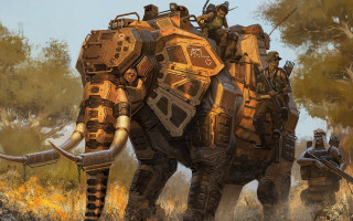 Elephant riders mecha afrofuturism outdoors - conceptart free wallpaper for desktop
