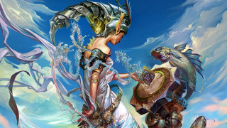 Woman white dress sword dragon 3 - cloud and water free wallpaper