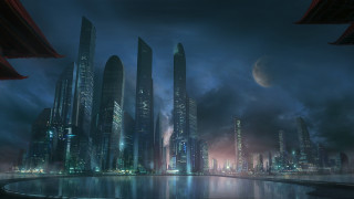 Futuristic city night moon matte - a moon in the sky above free wallpaper for desktop