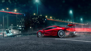 Red sports car night city 2 - a bridge in the background free wallpaper