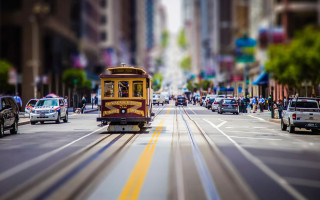 Trolley city street tiltshift blurry - a trolley car free wallpaper