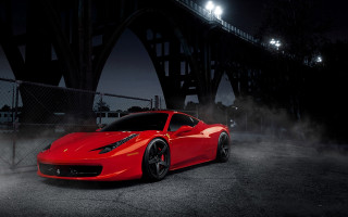 Red sports car bridge night - fog free wallpaper