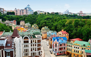 Colorful cityscape trees blue sky - andrey yefimovich martynov free wallpaper