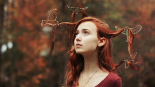Red haired woman birds antlers - surrealism free wallpaper
