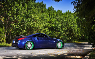 Blue sports car green rims - a road in front free wallpaper