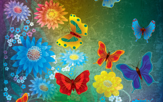 Colorful butterflies flower field grungy - folk art free wallpaper