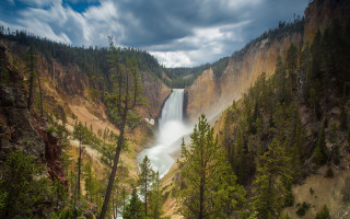 Waterfall canyon trees river cloudy - ansel adams free wallpaper