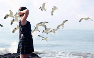 Woman rock ocean seagulls wind - brooke shaden free wallpaper