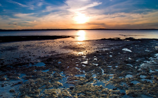 Sunset over water rocky shore - a small island in the distance free wallpaper