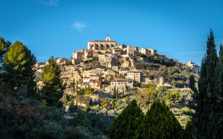 Village hill trees blue sky - a village free wallpaper