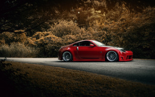 Red sports car night woods - rich deep color free wallpaper