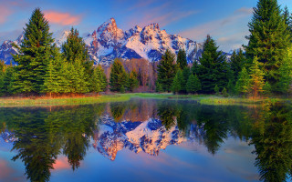 Mountain reflection lake trees sunset 3 - beautiful landscape free wallpaper for desktop