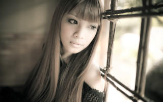 Woman longhair window sad gothic - her face and shoulder free wallpaper