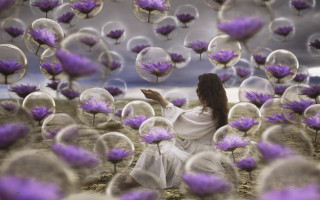 Woman purpleflowers bubbles surreal sky - a sky free wallpaper