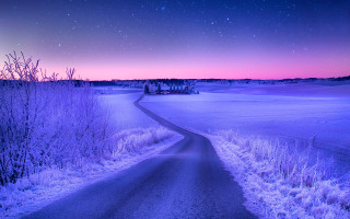Snowy road house night stars - mystical color free wallpaper