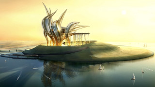 Futuristic building water dock aviation - basuki abdullah free wallpaper