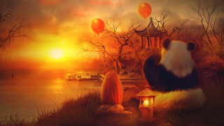 Panda bench lake balloons autumn - a bench next free wallpaper