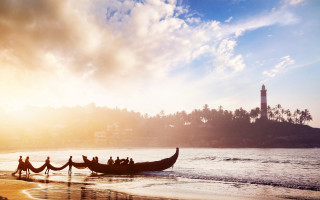 Beach sunset lighthouse boat sky - samikshavad free wallpaper for desktop