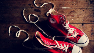 Red converse sneakers wooden floor 3 - a pair free wallpaper