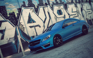 Blue mercedes benz coupe graffiti - a graffiti wall free wallpaper for desktop