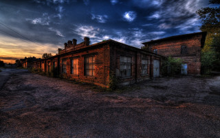 Dilapidated building sunset moon cityscape - hdr free wallpaper