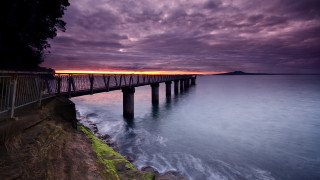 Pier sunset purple sky ocean - a long pier free wallpaper