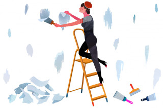 Woman painting wall ladder paintbrushes - a ladder free wallpaper