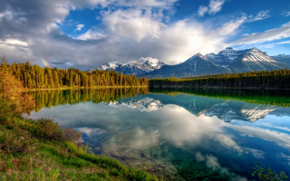 Mountain reflection lake forest sky 9 - a few white cloud free wallpaper for desktop