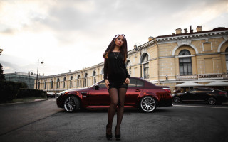 Woman black dress red car 3 - black dress free wallpaper