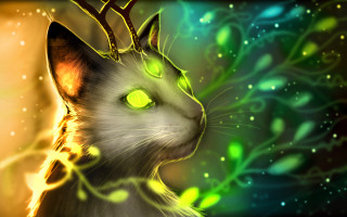 Cat green eyes deer antlers - bioluminescence free wallpaper