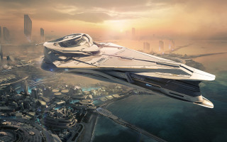 Futuristic ship ocean city sunset - star citizen halo free wallpaper