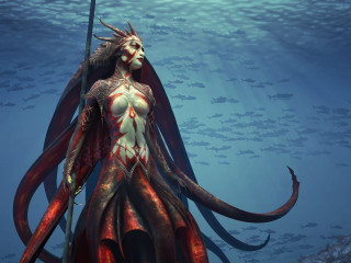Woman spear giant squid ocean - a spear free wallpaper