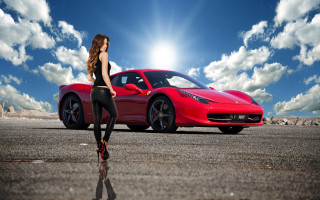 Woman red sports car clouds - shining free wallpaper