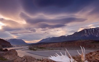 River mountains clouds plants dusk - a few plant free wallpaper