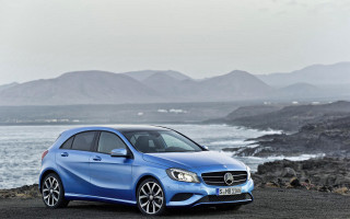Blue mercedes beach ocean mountains - rocky free wallpaper for desktop