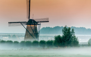 Windmill foggy morning bridge nature - a bridge in the background free wallpaper