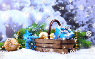 Christmas decorations snow basket ornaments - a christmas tree in the background free wallpaper