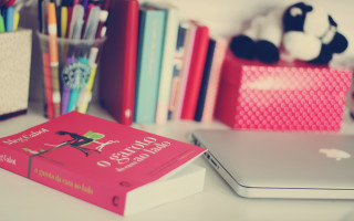 Book laptop pencup white desk - a book free wallpaper