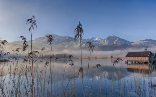 Lake mountain fog reeds house - the air above free wallpaper for desktop