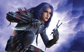 Blue hair woman epic fantasy - a knife and a sword free wallpaper