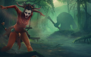 Woman red costume dancing forest - a red costume free wallpaper