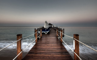 Pier chairs boat dusk ocean - chair free wallpaper