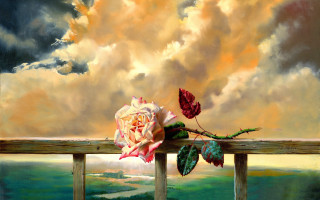 Rose wooden railing cloudy sky - oil painting free wallpaper